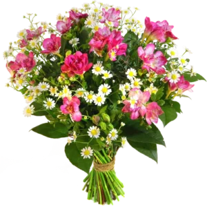 Freesia boeket met o.a Kamille