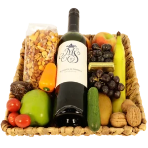 Luxe wijn fruitmand met borrelmixed met borrelmixed Ø 30cm