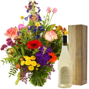 Plukboeket bont + fles witte wijn