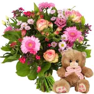 Boeket roze + knuffelbeertje