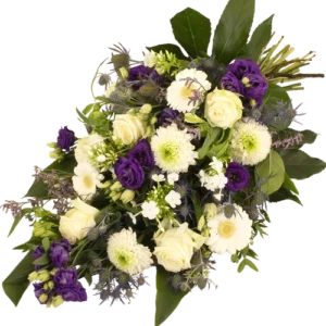 Rouwboeket blauw-paars-wit
