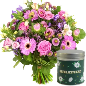 Roze paars boeket + gefeliciteerd blikje