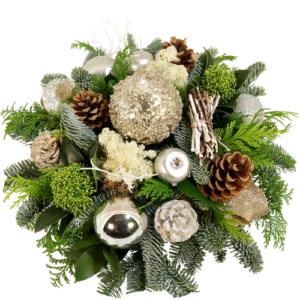 Rond Kerststuk wit-zilver ca. 35cm