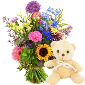 Geplukte bloemen + knuffelbeertje