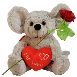 Knuffelige grijze muis ca. 28cm met rood hart