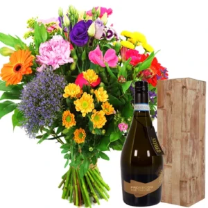 Boeket bont + fles prosecco