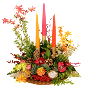 Trendy kerststuk oranje roze rood