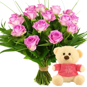 Boeket roze rozen + knuffelbeertje i love you