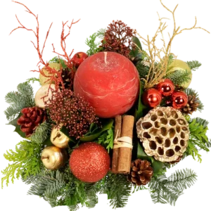 Kerststuk rood-goud met rode bolkaars