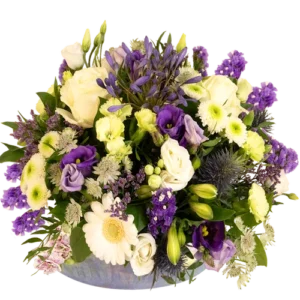 Biedermeier paars wit bloemstuk vanaf 25cm