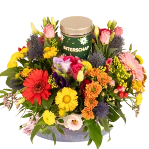 Biedermeier bont + blikje beterschap snoep