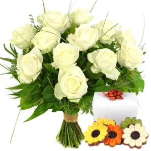 Boeket witte rozen + bloemetjes chocolade