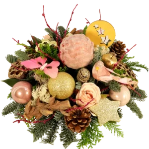 Kerststuk rond ca. 30cm goud roze