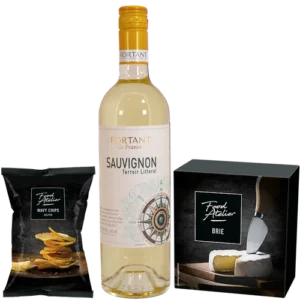 Kerstgeschenk Witte wijn - brie - chips