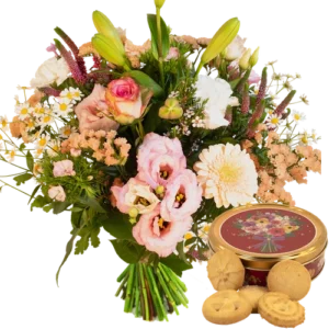 Boeket pastel zalm roze + koektrommel