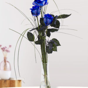 Drie blauwe rozen, inclusief vaasje