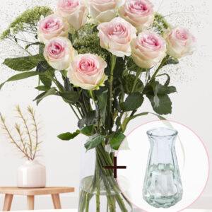 Geboorteboeket roze + gratis glasvaas Evita