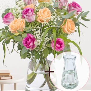 Gemengd rozenboeket roze-zalm + gratis glasvaas Evita