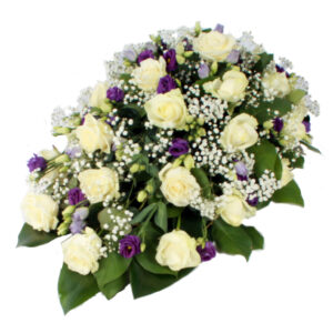 Rouwdruppel witte Rozen paarse Lisianthus