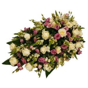 Rouwdruppel witte Rozen roze Lisianthus