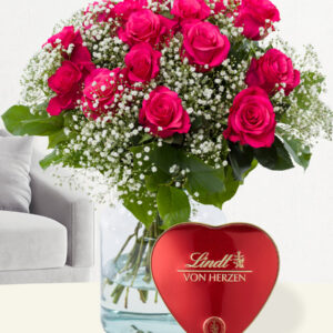 15 roze Tacazzi rozen met gipskruid + Lindt hart