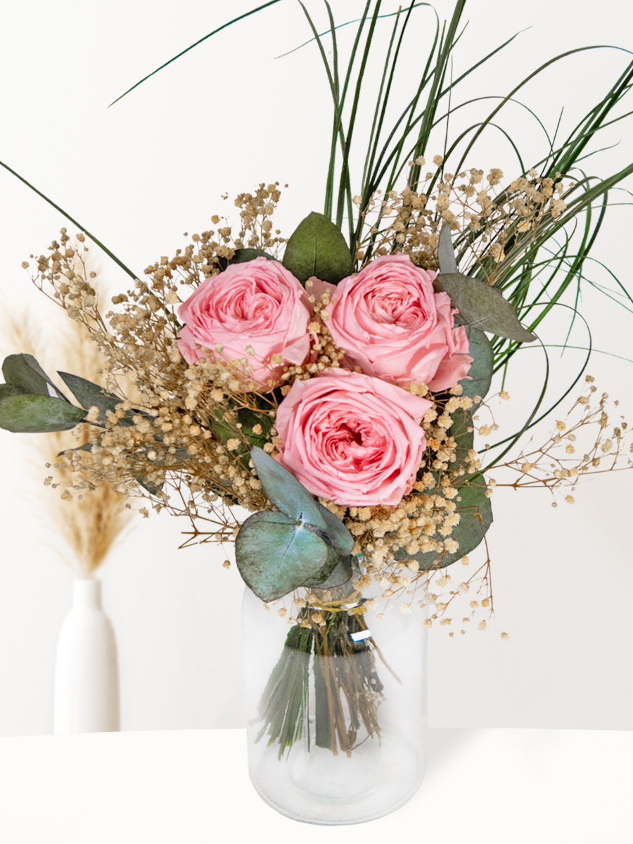 Roze long life boeket inclusief vaasje | 30 cm