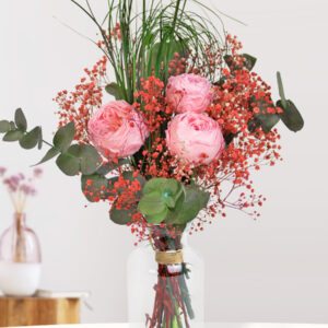 Roze-rood long life boeket inclusief vaasje | 30 cm