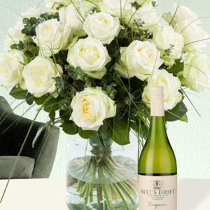 Wit rozenboeket + gratis witte Viognier wijn
